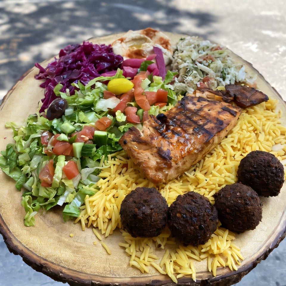 Grilled salmon, falafel, rice, hummus, and various salads on a wooden platter.