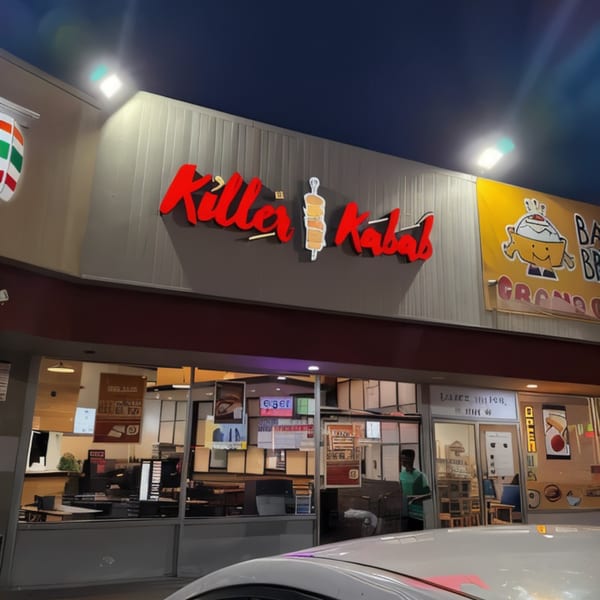Killer Kabab restaurant exterior at night, with a bright red sign and illuminated windows.