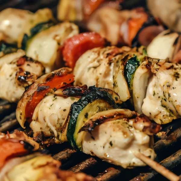 Chicken and vegetable kebabs grilling on a barbecue, with visible char marks and seasoning.