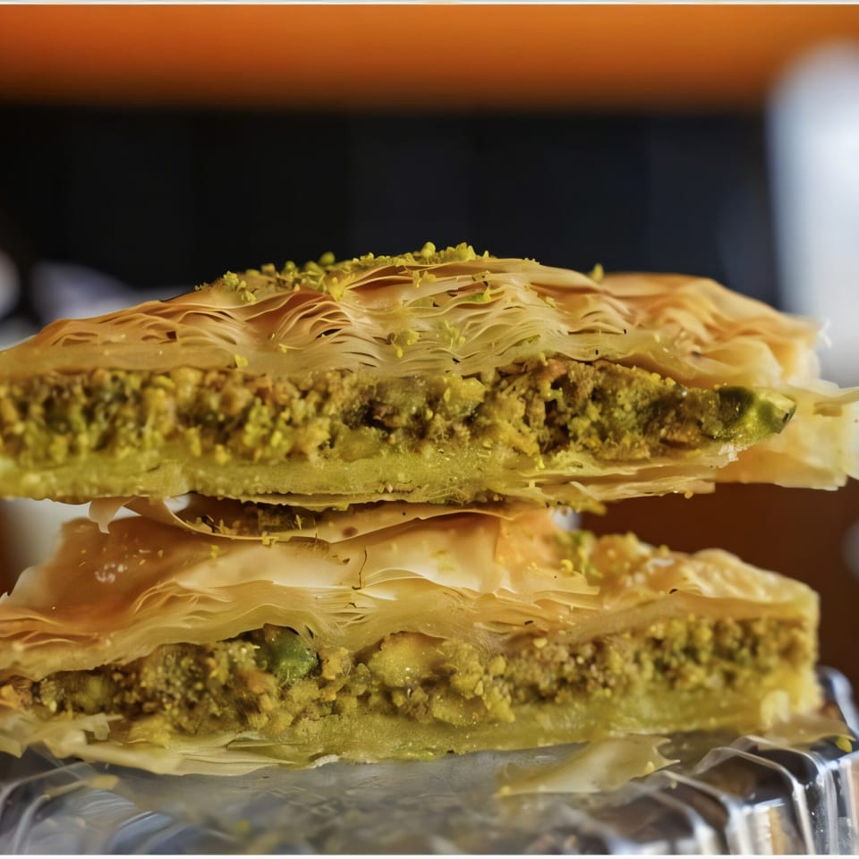 Two pieces of baklava with flaky pastry and a thick pistachio filling, stacked on a silver tray.
