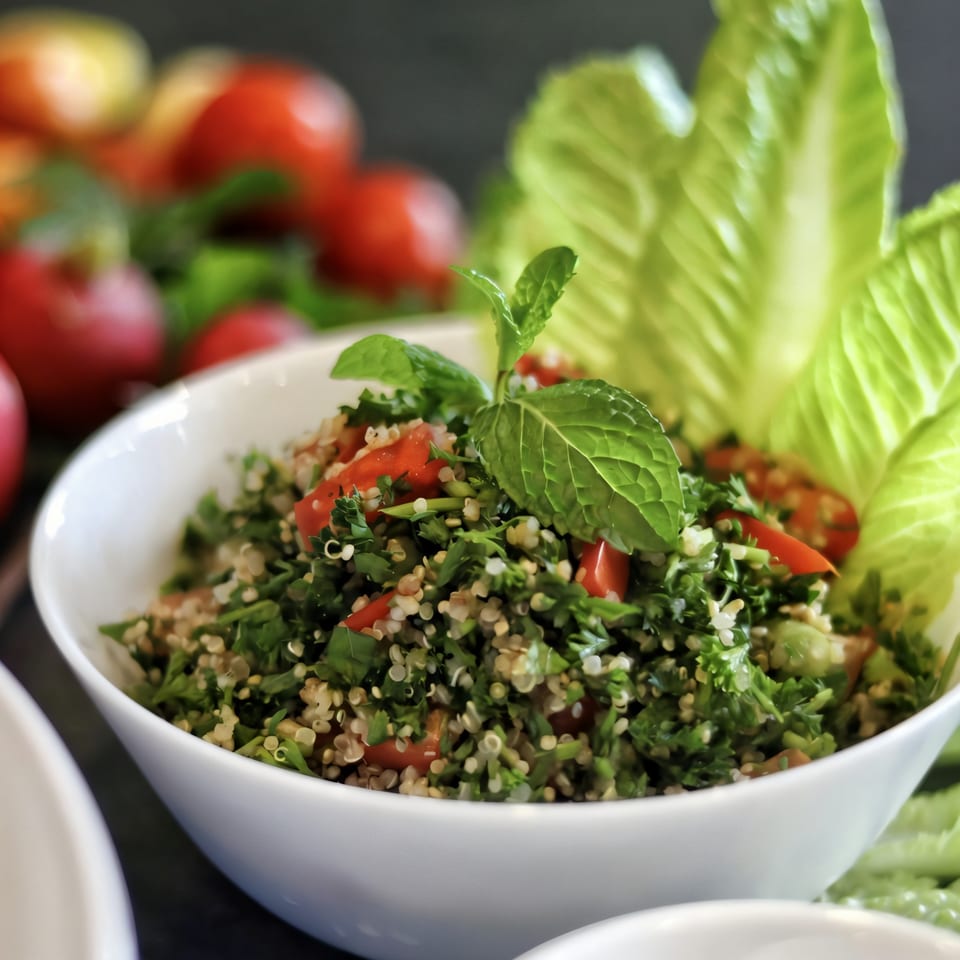 A white bowl filled with Killer Kabab's fresh tabbouleh, garnished with mint and lettuce.