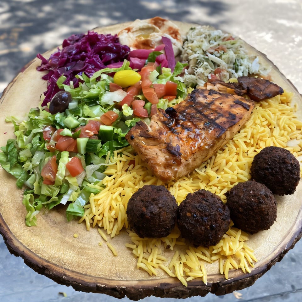 Grilled salmon, falafel, rice, and various salads on a wooden platter from Killer Kabab.