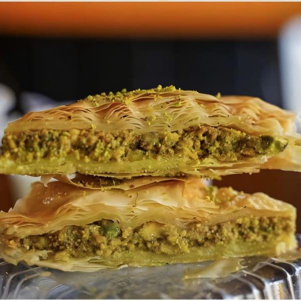 Two pieces of baklava with flaky pastry and green pistachio filling, stacked on a tray.