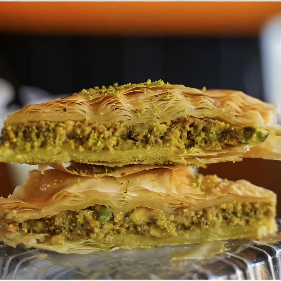 Two pieces of baklava with flaky pastry and green pistachio filling, stacked on a tray.