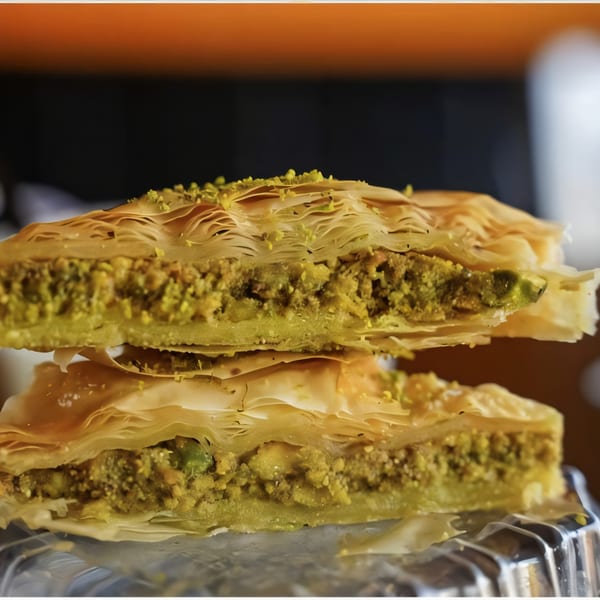 Two pieces of Killer Kabab's baklava, layered with flaky pastry and green pistachio filling.