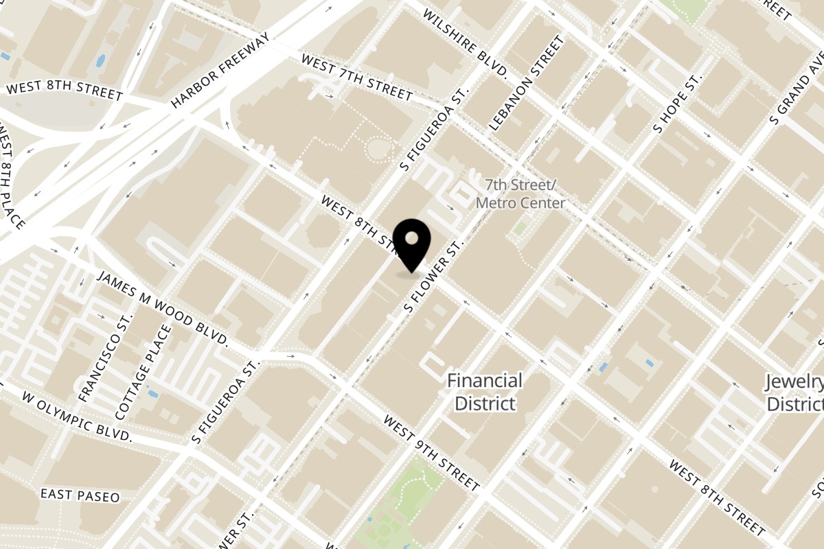 Map showing the location of Killer Kabab 8th Street on 806 W 8th St A in Los Angeles